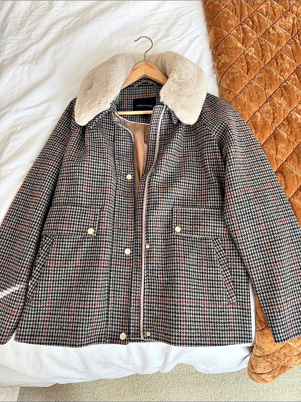 Sanctuary Houndstooth Faux Shearling Collar Size Medium Like New